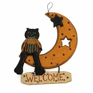 Halloween Black Cat Crescent Moon Wood Hanging Door Decor Folk Art Whimsy Goth